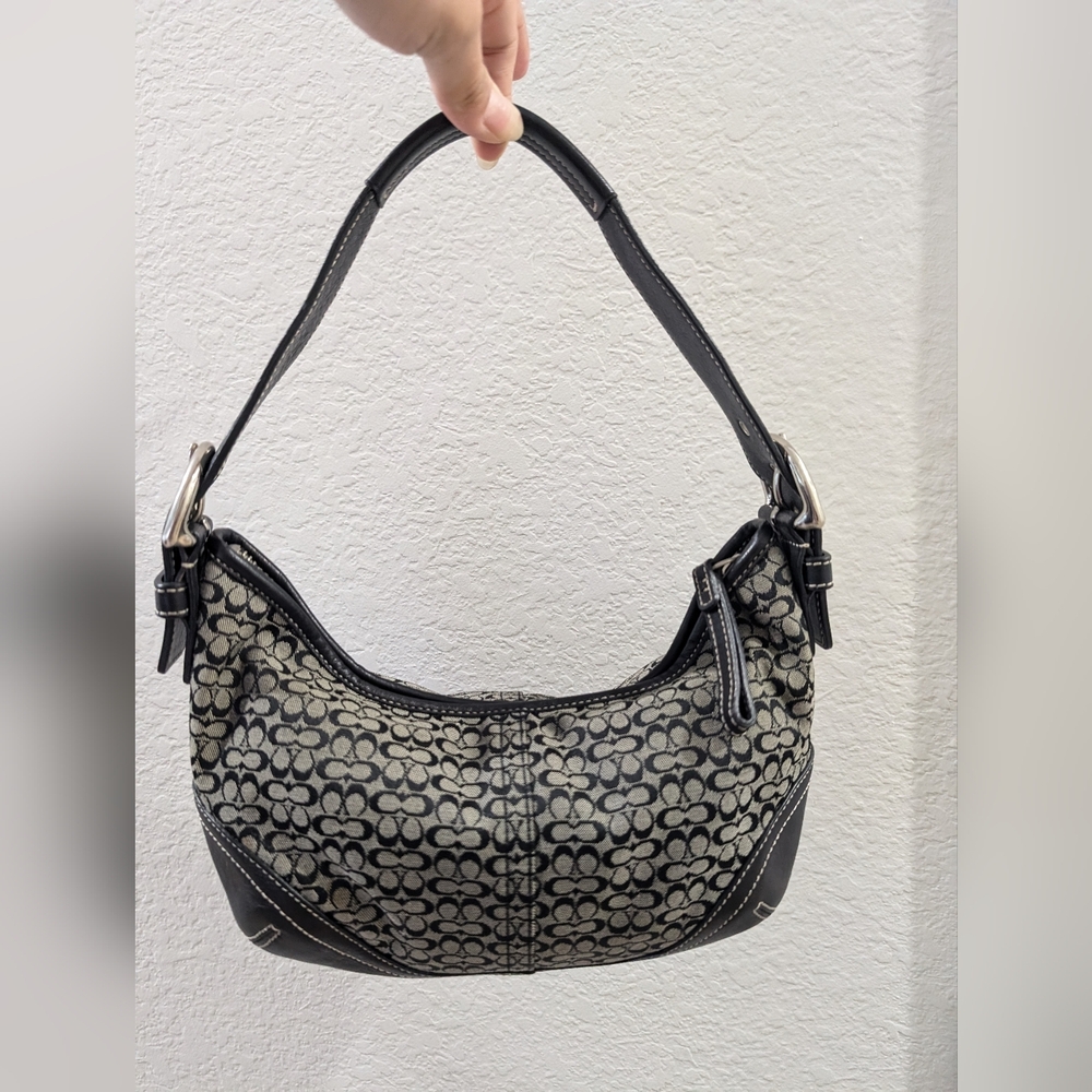 Authentic COACH Bag Small Signature Jacquard Gray/Black with Black Leather